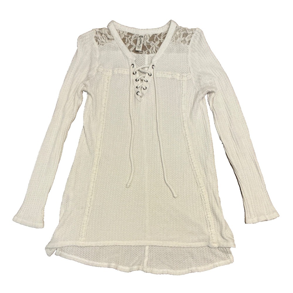 American Rag Crochet-Trim Lace-Up Waffle-Knit Top in Pale Cream, Size Small